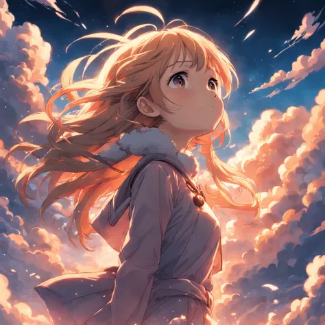 masterpiece, best quality, movie still, 1girl, cloud girl, floating in the sky, close-up, bright, happy, warm soft lighting, sunset, (sparks:0.7)