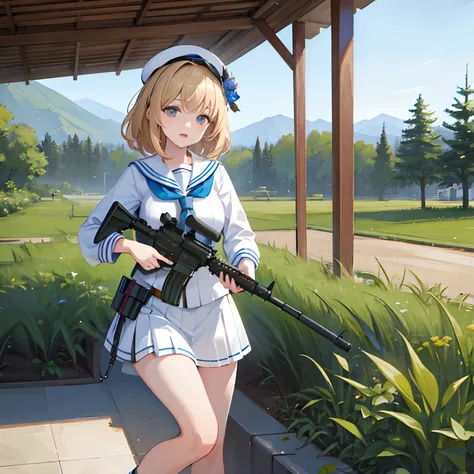 (masterpiece:1.2), best quality, highres, original, extremely detailed wallpaper, perfect lighting,(extremely detailed CG:1.2), 8k, illustration, 1girll，solo, m4 carbine，holding gun, blond hair, white sailor dress, shiny and delicate clothes, outdoor, stan...