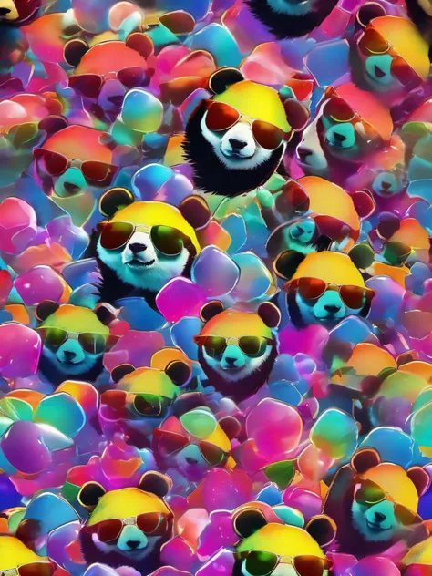 Background of exploding and flying powder particles,vivd colour,A panda wearing sunglasses and looking noisy