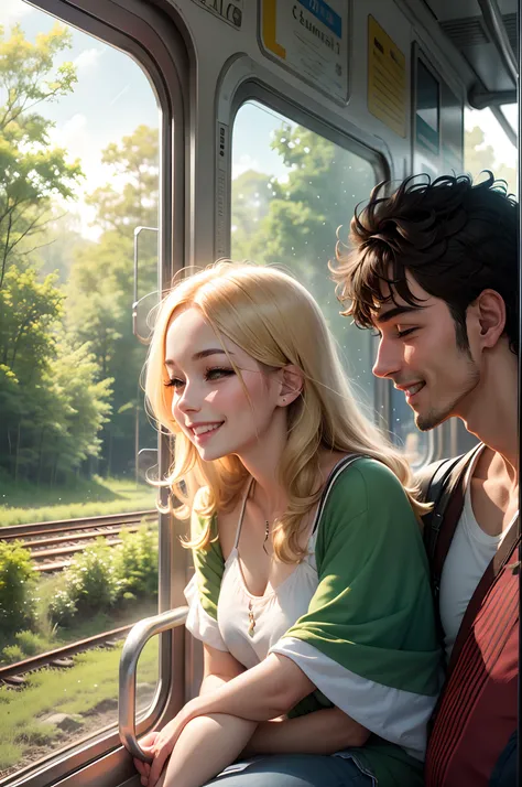 Cute couple sat at train door , clear hd face, happy, beautiful weather , greenery, train running from forest route.