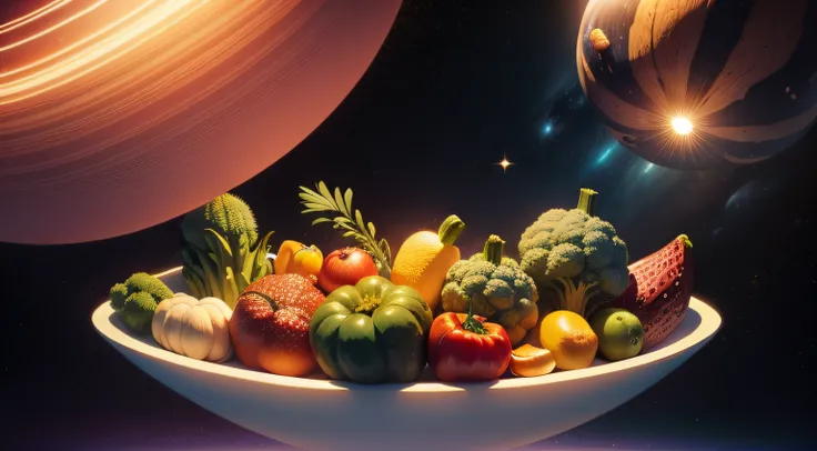 Vegetables, tubers and fruits floating in space, each separate from the other