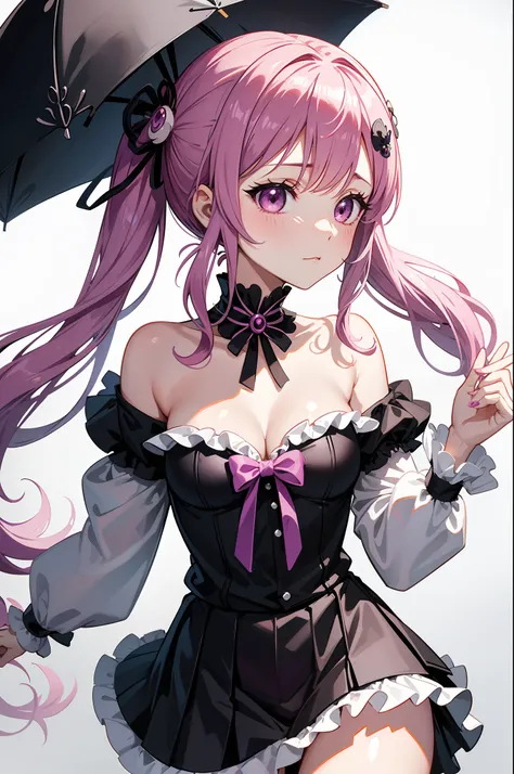 one piece ghost princess perona, ghost and sakura aura, holding a cute umbrella, black pink gothic outfit, hair tied into two pigtails with black and white flower hairpins, cute body shape, wearing black top hat with ribbon