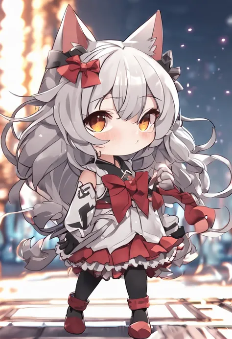 A cartoon cat girl with bow and dress, Cute!! tchibi!!! cat woman, cute anime catgirl, anime catgirl, anime chibi, Chibi anime girl, anime moe art style, small curvaceous loli, nyaruko-san, fat chibi grey cat, Chibi Art, chibi anime, Holo is a wolf girl, c...