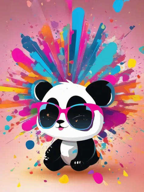 Powder particles exploding and scattering in the background、Vibrant colors、A fun looking panda is wearing sunglasses。