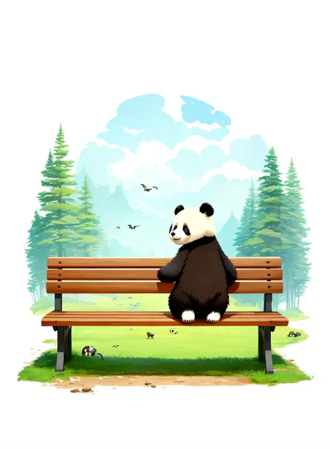 The panda leans back on the bench，There is a briefcase placed under the bench, Sitting in the forest, sideface，Reclining on the bench，Hands on the bench，The bench has its back to the camera，With your back to the camera，Han Yonghao storybook illustration, P...