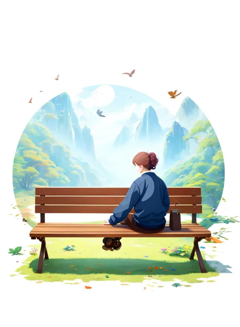 The panda sits on a bench，A briefcase placed under a bench, Sitting in the forest, sideface，Reclining on the bench，Support your body with your hands，With your back to the camera，Han Yonghao storybook illustration, Pisif, concept-art, Childrens art in ArtSt...