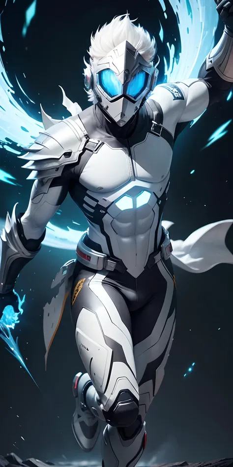 Maximum resolution 8K, La mejor calidad posible, Genial, Elemental de fuego blanco, Male hero, Ethereal Hero Plasma Hair Athletic Suit, (Armadura hecha de plasma que rodea todo su cuerpo: 1.3), Guantes y botas, action pose, Add effect at the end, plasma pa...