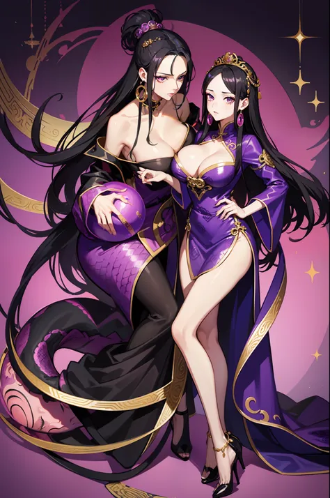 one piece boa hancock, purple and black color silk chinese dress outfit, snake shape earring, perfect body shape, long legs, masterpieces, empress aura, make up, surrounded by python, black long hair, black bright pupil, pink love shape bubble effect, big ...