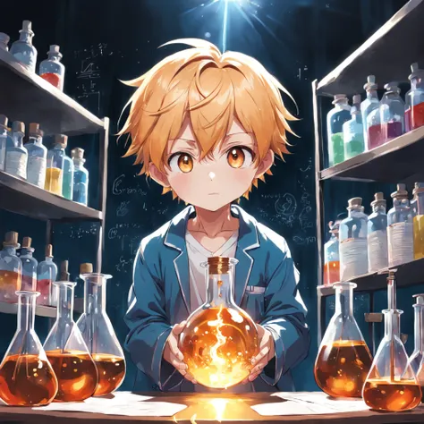 in chemistry lab，A little boy holds a flask，Attentively，and the sun was shining brightly，super detailing，Anime line drawing