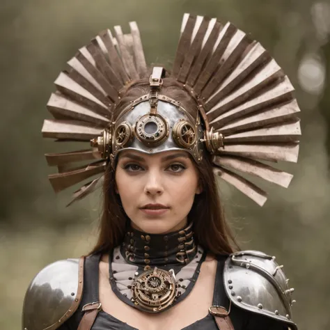 guerrera de armadura pesada estilo steampunk, armadura para mujer de grandes senos