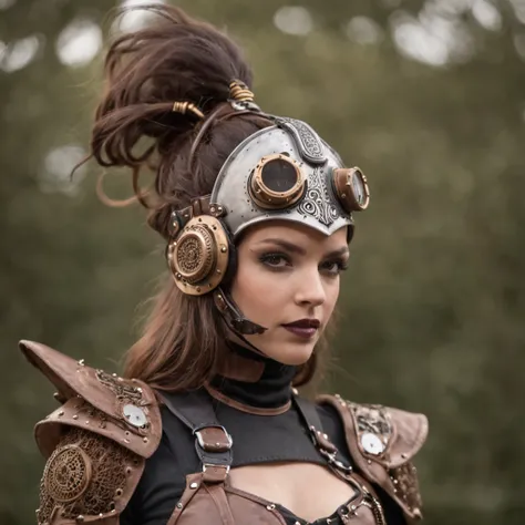 guerrera de armadura pesada estilo steampunk, armadura para mujer de grandes senos