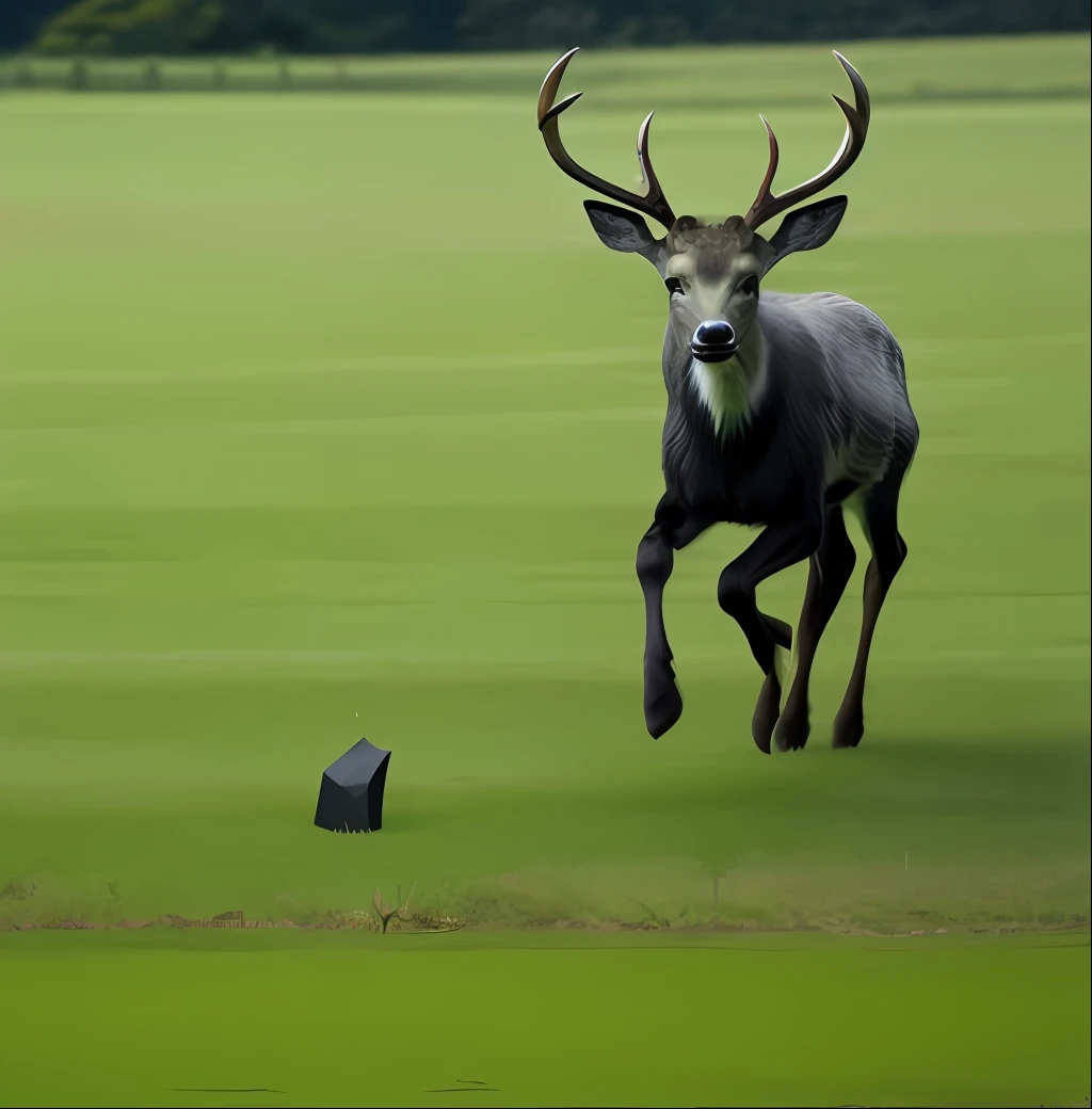 A green deer ran over the edge of the grass like a black projectile。