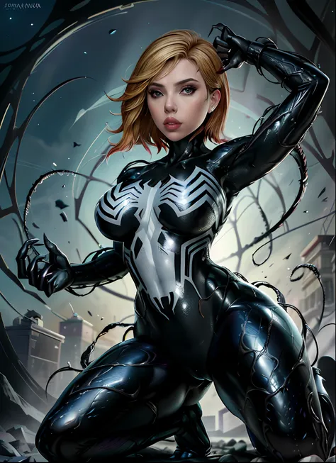 Obra-prima, 8k, realista,  good ilumination, (((Scarlett Johansson garota de 28 anos, terno preto do homem aranha venom com aranha branca no peito, loira))), cabelo comprido e sem corte, rosto bonito, chuva, telhado, obra-prima, detalhes trincados, anatomi...