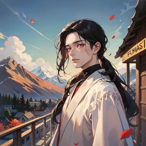 Best quality, masterpiece, potrait, avatar, half-body, 1 man, tall muscular male, man focus, man only, long wavy black hair, low ponytail style, red eyes, turtle-neck with white robe, 3/4 side, bright eyes, brilliant scene, sky, looking down, looking at th...