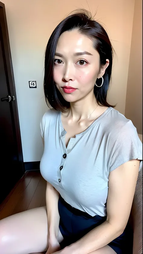 (Best Quality, 8k, 32k, Masterpiece, UHD:1.2), pretty Korean woman picture, very big breasts, very short bobbed hair, very realistic skin texture, fine facial noise, very detailed lips, cowboy shot, face focus, yellow-green skirt, earrings, dark studio bac...