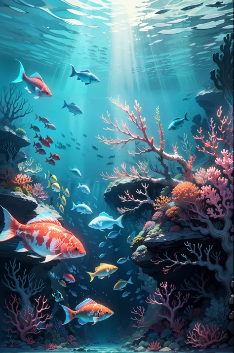 (ocean floor、marine life、beautiful coral reef、the fish),messy painting style，hair flows in water