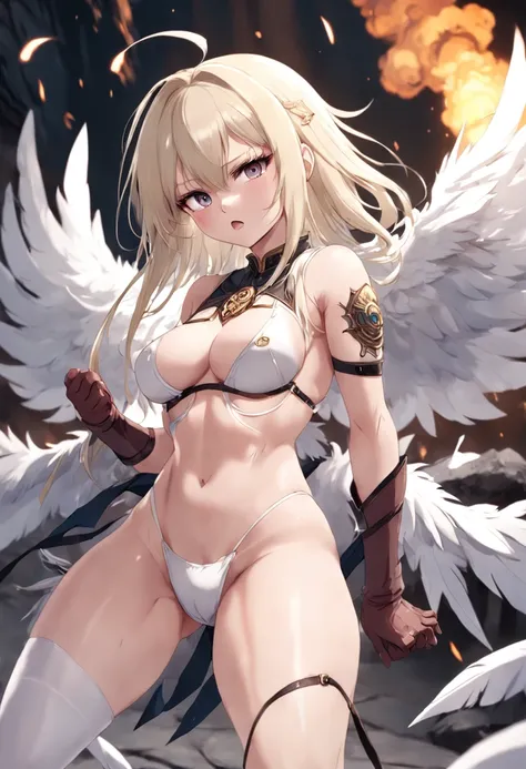 japanese anime style。illustratio。Dark Fantasy。White feathers。girl with。a blond。undergarment。natta。battle field。Colossal tits。pubick hair。teats。Lower abdomen exposure。A little angry。crouching down。Open crotch。