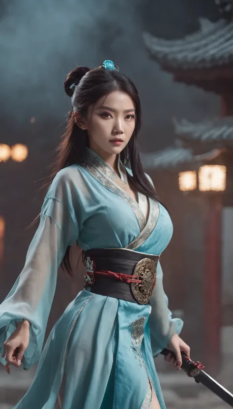 Panoramic, hyper-realistic photography, 30 years old Chinese female model, beautiful face, halo, abandoned city, holding black Japanese long sword, black high heels, beautiful long haired woman, wearing cheongsam, magic circle, drawn sword samurai surround...