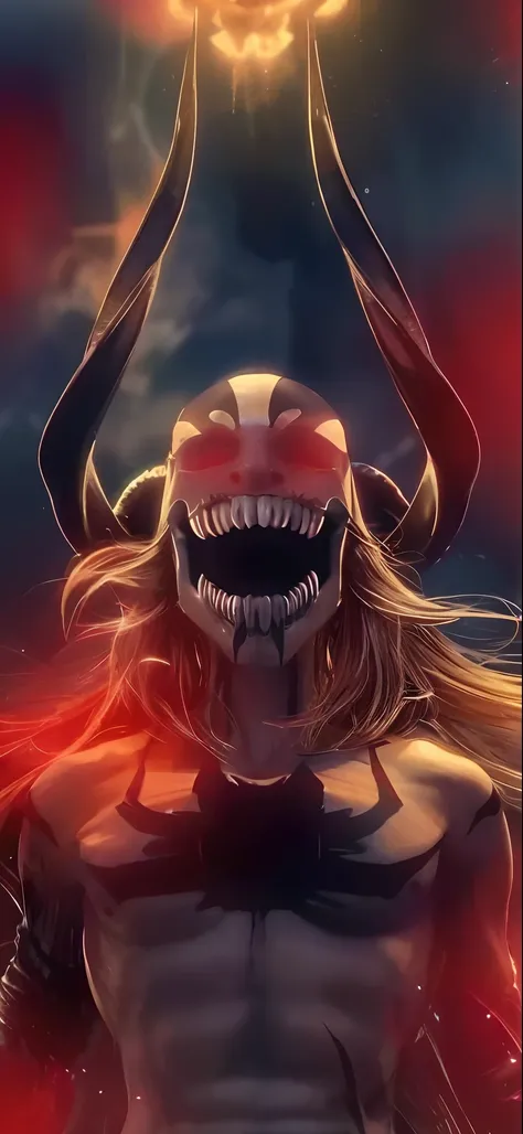 A painting of a demon woman，There is a demon face and a demon head, beautiful male god of death, fit male demon with white horns, evil grin smile, The evil villain smiles, ahegao, wide evil grin, malevolent grin, ahegao face, villain wearing a red oni mask...