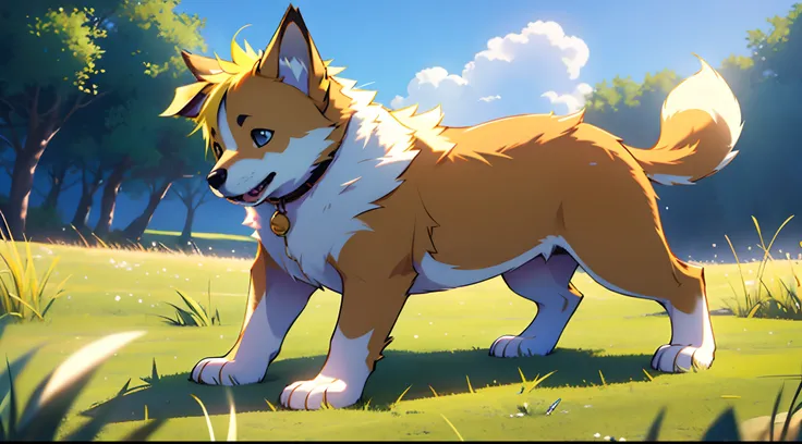 Masterpiece, best quality, 8k resolution, cinematic lighting, a cute puppy, small size, solo, yellow hair, grass, happy, wagging tail, facing the audience