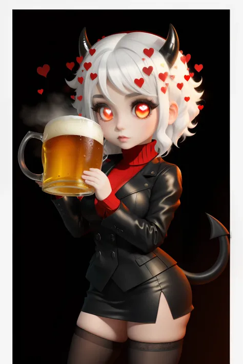 Masterpiece, (1 girl) (chibi style), render 3d, Best Quality, Modeus (helltaker), (demon tail), ((red ribbed sweater,high neck)), black skirt, black jacket, (red eyes), ((((white hair)))),((medium short hair)), trumpets, hearts, (heart-shaped pupils), blac...