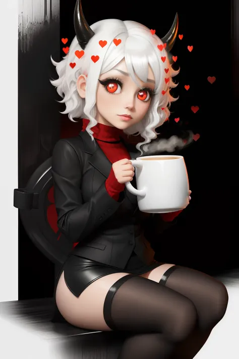 Masterpiece, (1 girl) (chibi style), render 3d, Best Quality, Modeus (helltaker), (demon tail), ((red ribbed sweater,high neck)), black skirt, black jacket, (red eyes), ((((white hair)))),((medium short hair)), trumpets, hearts, (heart-shaped pupils), blac...