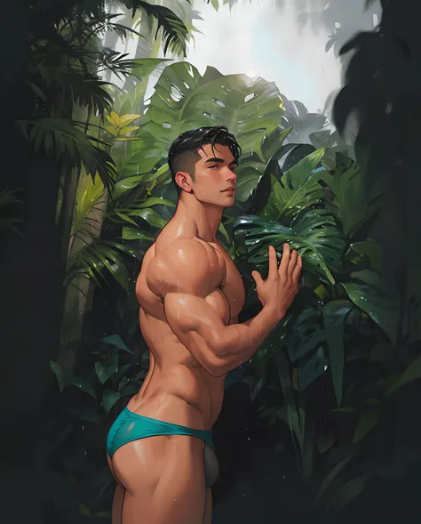 there is a man in a transparent tight wet cyan bikini highlighting his big bulge and revealing his big butts bum, beefy cakes, standing in front of a giant taro plant and holding taro leaf with his left hand, detailed correct accurate male anatomy and corr...