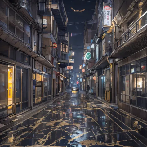 Backstreets，deep in the night，Lunar soil，城市，Gold filigree marble floor，Snowflakes fluttering，Silver Fire Bonsai Cyberpunk，hyper HD，disuse，Nuclear contamination，Serious nuclear contamination，