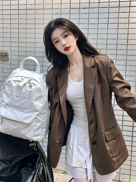 Woman in white dress and brown jacket standing next to the car, sakimichan, wearing jacket and skirt, with a backpack, ulzzangs, High quality material BSSRDF, Cai Xukun, Brown jacket, Cute:2, Official, bae suzy, 🤬 🤮 💕 🎀, Beautiful image, xintong chen, 8K))...