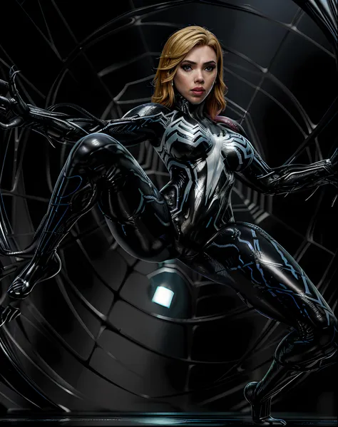 obra-prima, 8k, realista,  good ilumination, (((scarlett johansson garota de 28 anos, terno preto do homem aranha venom com aran...