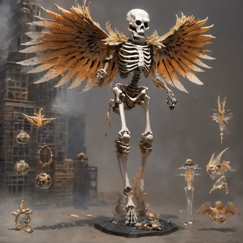 Yakes，Transparent wings，downpours，Wear thick gold-framed reflective sunglasses，32K（tmasterpiece，k hd，hyper HD，32K）Bright orange burgundy double ponytail，The Silver Skull Jewelry District in the backstreets，Indigo Skull Belly Pocket King ，Skeleton protector...