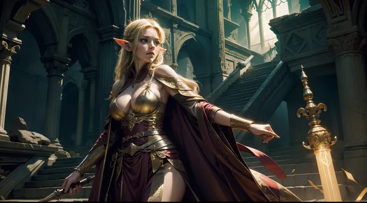 Female elf，Large breasts，Silk robes，Glowing scepter，dramatics，dynamicposes，The background is a ruin，（Mid-range portrait：1.3）