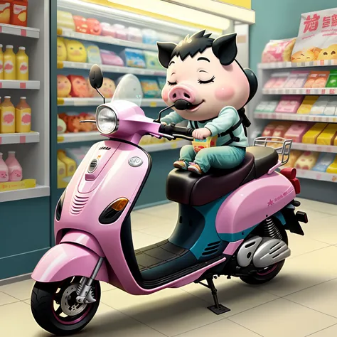 Scooter no one cartoon pig sleeping alone in convenience store