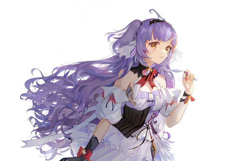 Anime girl with long purple hair and white dress, Ayaka Genshin impact, render of april, cute anime waifu in a nice dress, ayaka game genshin impact, Marin Kitagawa fanart, official character art, A scene from the《azur lane》videogame, anime visual of a cut...