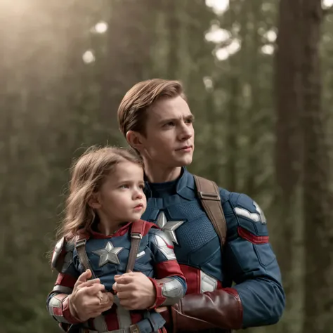 A photo family of Captain America with wife and children, cinematic, joyful, hyper-realistic, highly detailed, high-quality image