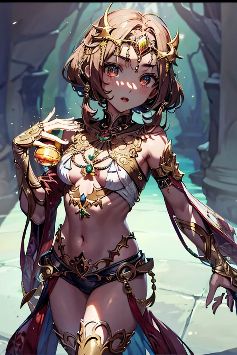 There is a woman with a very large breast and a very long torso, menina necromante ciborgue santa, Kawacy, cushart krenz arte chave feminina, trending on artstation pixiv, deusa anime, ornate bikini armor, Menina da armadura, arte de anime digital detalhad...