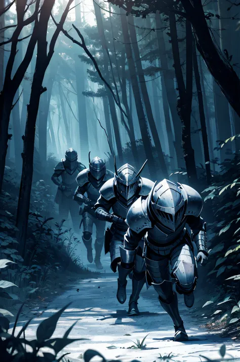 knight cadets scared running away in a dark forest from a eltrich horror