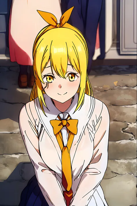 masterpiece, 1girl, lemon irvine, blonde hair, headband, bowtie, school uniform, blush, stars, glitter, sparkle