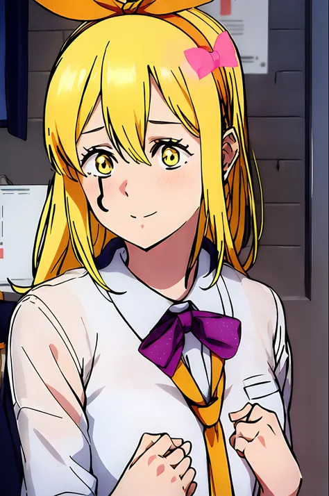 masterpiece, 1girl, lemon irvine, blonde hair, headband, bowtie, school uniform, blush, stars, glitter, sparkle