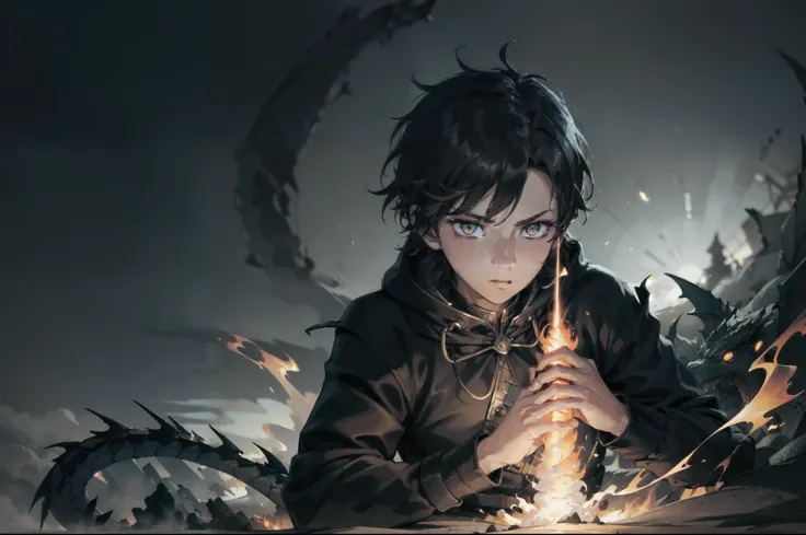 a boy with a dark and mysterious aura, clutching a luminescent flare stick amidst billowing smoke while venturing into the unkno...