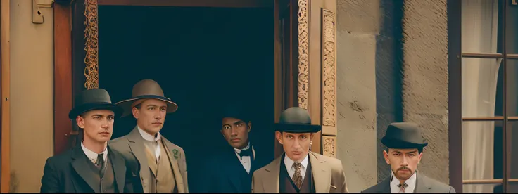 Four men in suits and hats stand outside a door., Figurinos de Peaky Blinders, Persianas Peaky, Turma de Peaky Blinders, foto de retrato, Persianas Peaky (2018), Cor ainda, foto do cartaz, still image from tv series, tiro do meio, Imagem promocional, ainda...