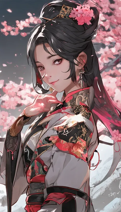 Danfeng Wu，bushido，The upper part of the body，Black Coil Hair，Simple hairpin，Cold eyes，solo person，orthofacial，frontage，Peach blossom background，Saturated colors，hyper realstic，8K High Resolution，Holding a longsword，Absolutely beautiful，Highlight，Colorful ...