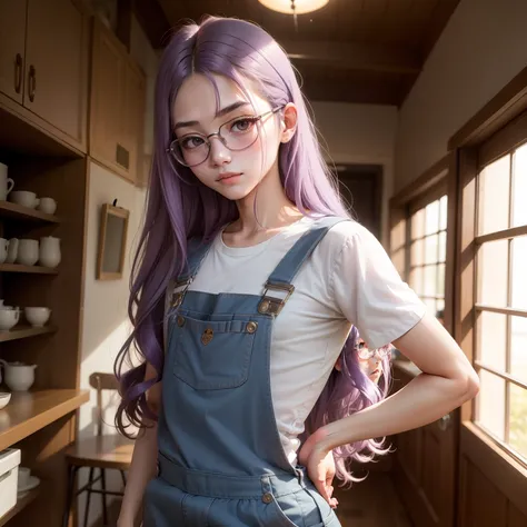 top quality picture、refined face、18year old、Slim body、long hair of lavender color、Kurobuchi glasses、Wearing overalls、Looking back