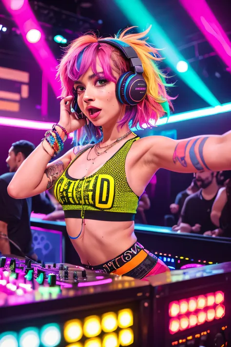 upper body,  female dj, colorful clothes , quirky, vibrant appearance,  playful accessories, creative behavior, imaginative, sensual, spontaneous, dj headphones, mixing console, music club, night club, indie theaters, people dancing on the dance floor back...