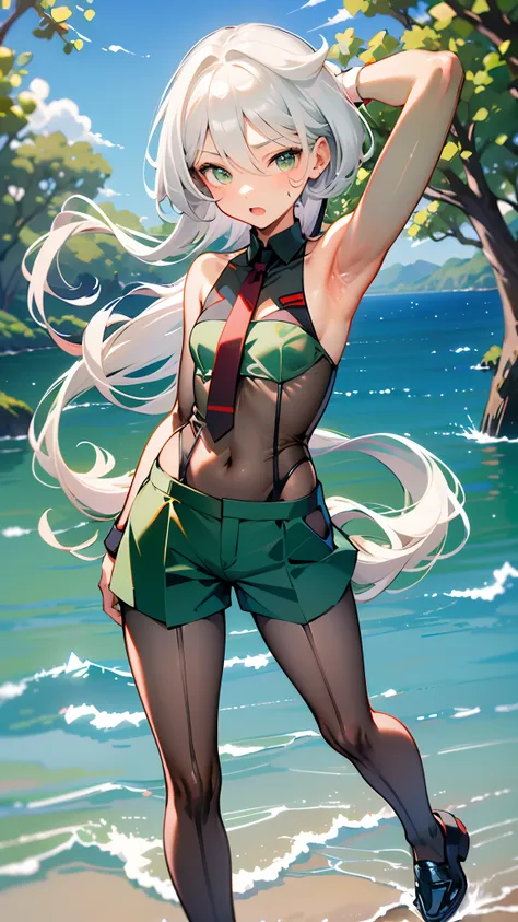 miorine, shorts, white hair, short necktie, green shorts, loafers, 10 years old, blurry background, open mouth, flat chest, smal...