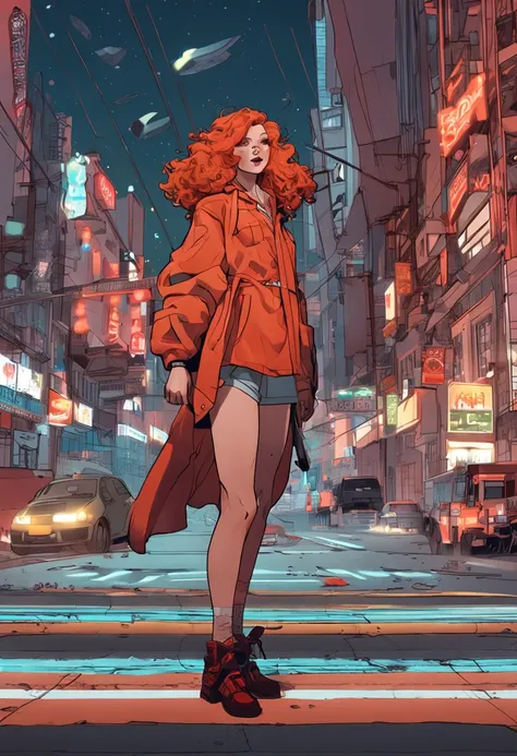 Full body like，United States，curlies，Orange hair，athlete，Red cloak clothes，perfect figure beautiful woman, huge tit，Highly detailed facial and skin texture，A detailed eye，二重まぶた ( City street:1.1)