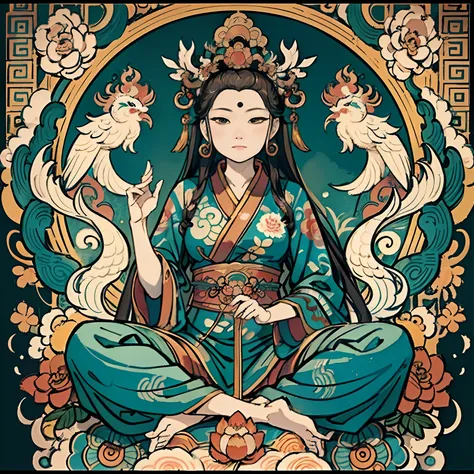 an ancient Chinese goddess, guanyin of the southern seas, Guanyin, Inspired by India, Avalokiteshvara rides a phoenix，,Serene expression,shui mo hua,Buddha,Buddhist,Lotus,Chinese painting style,Thangka style