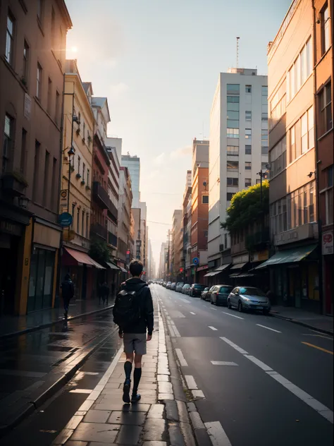 A boy walking alone in the city road