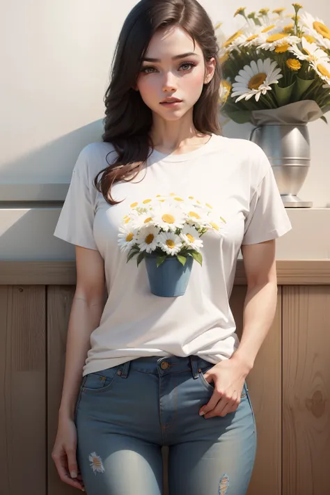 white cotton tshirt mockup with wild daisy flowers bouquet and jeans design t shirt template tee print presentation mock up, t shirt only not human