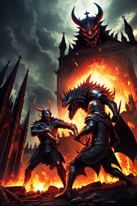 A knight fighting a demonic creature in front of a dark cathedral in hell